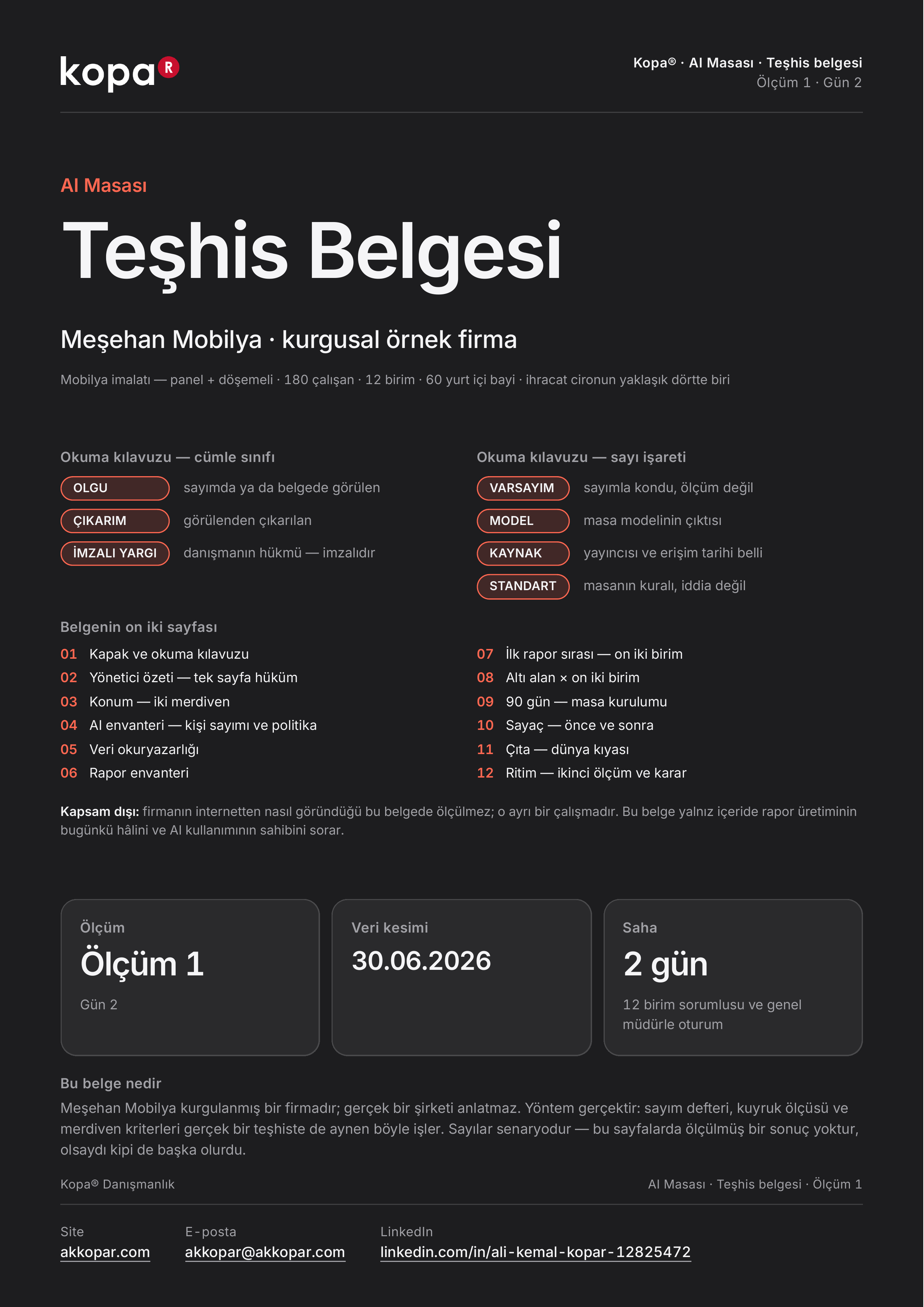 AI Masası teşhis belgesinin kapak sayfası.